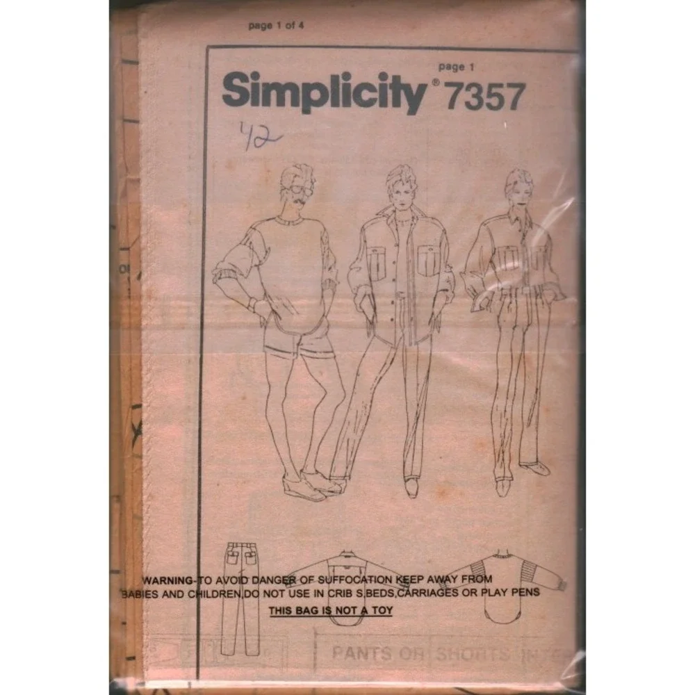 Vintage Simplicity 7357 Mens Sewing Pattern Shirt Sweatshirt Pants Shorts Sz 42